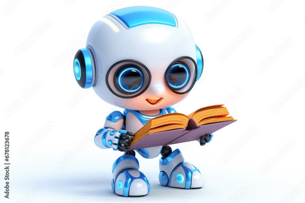 Poster a robot is seen reading a book while wearing headphones. this image can be used to depict technology