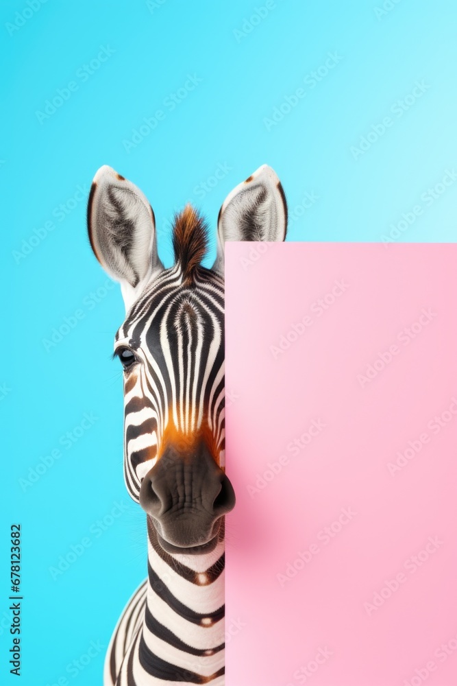Poster a close-up photograph of a zebra holding a pink sign. this image can be used for various purposes, s