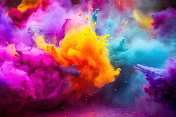 Fototapeta na wymiar Lively multicolored holi paint powder, dynamic splashes, energetic bursts, vivid highlights, festive atmosphere
