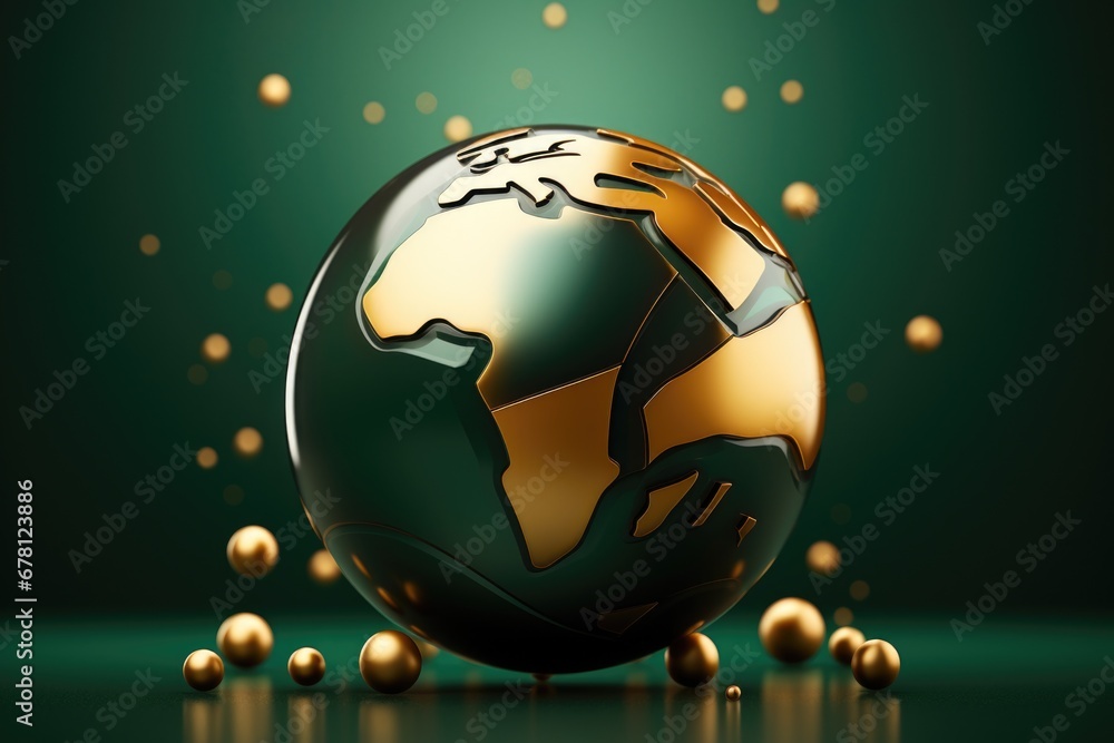 Poster a gold and black globe with a cluster of gold balls surrounding it. this image can be used to repres