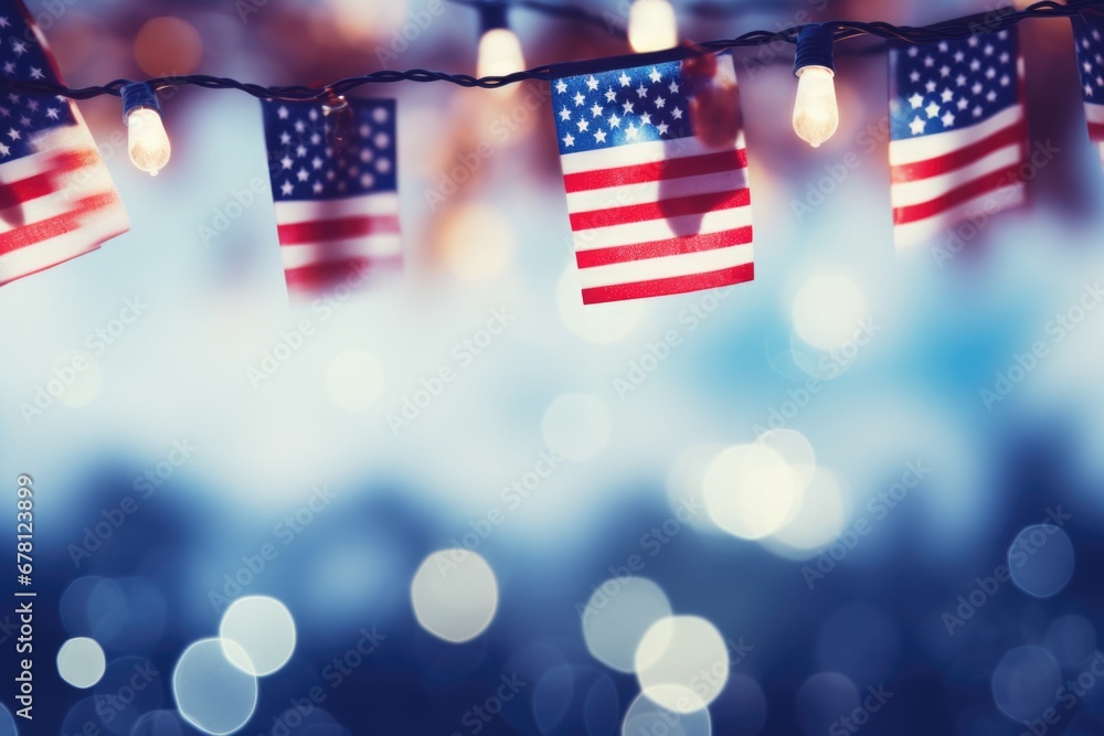 Poster a string of american flags hanging in a row. perfect for patriotic celebrations and events.