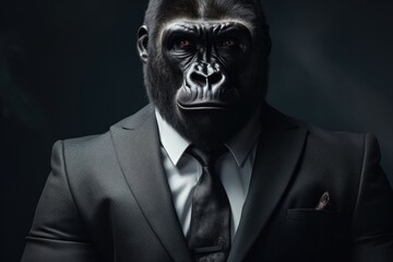 A gorilla dressed in a formal suit and tie. Suitable for business, humor, or animal-themed designs. - obrazy, fototapety, plakaty