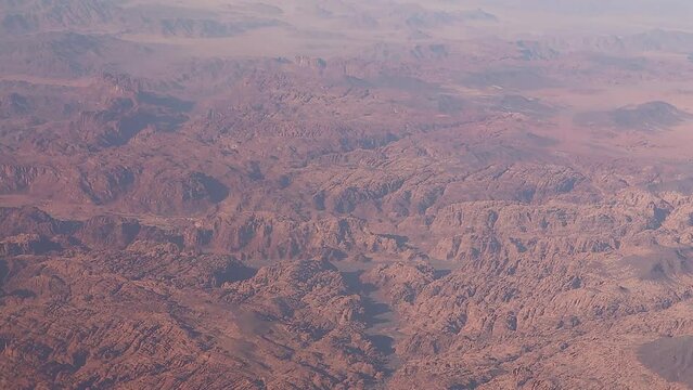 Aerial view of the desert and mountains along the Red Sea near Mecca, the Kingdom of Saudi Arabia.