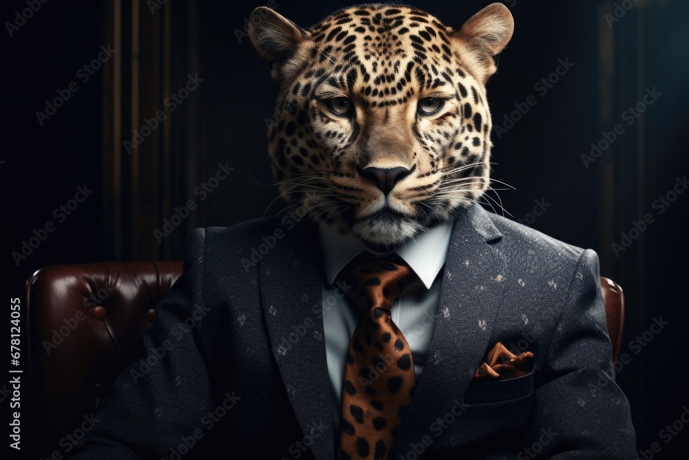 Poster a leopard dressed in a suit and tie sitting comfortably in a chair. this image can be used to convey