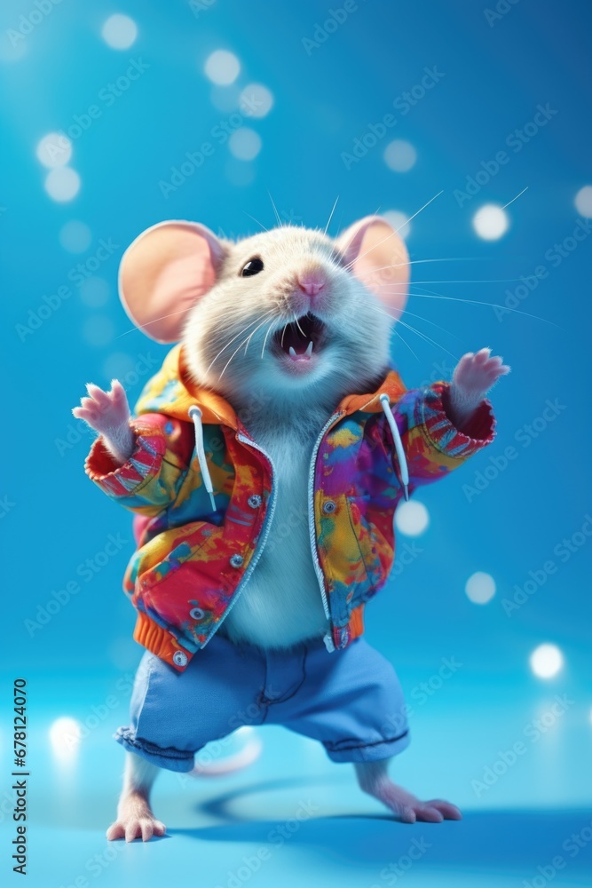 Poster a picture of a mouse wearing a vibrant jacket and pants. this image can be used to add a touch of co