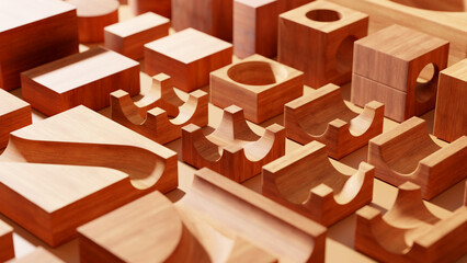 Wooden marble run blocks with warm lighting. Closeup of wooden marble run tracks. Vintage wooden roll ball toys. 3d rendering