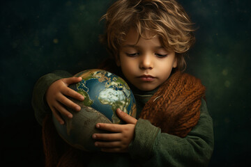 young boy hugging a globe while standing on a green background