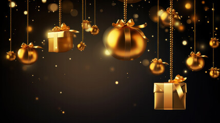 Christmas greeting card mockup. Elegant Xmas baubles and golden decorations on dark background.