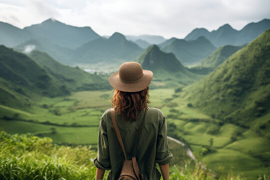 Rear view of female traveler looking at green mountains, soft light photography