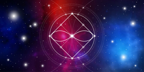 Sacred geometry spiritual new age futuristic illustration with transmutation interlocking circles, triangles and glowing particles in front of cosmic background.