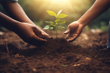 A close-up of hands planting a young tree in rich soil, emphasizing the importance of reforestation and environmental conservation