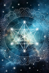 Merkaba. Sacred geometry spiritual new age futuristic illustration with transmutation interlocking circles, triangles and glowing particles in front of cosmic background.