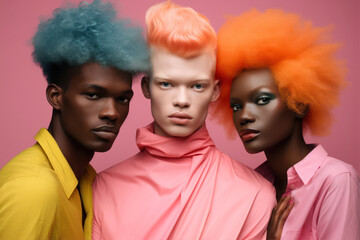 Fototapeta premium fashionable african american mannequins with colorful hair isolated on pink