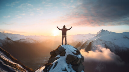 Man standing on top of a mountain with his arms raised against beautiful landscape