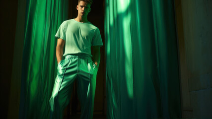 Portrait of a handsome young man in a turquoise t-shirt and green pants