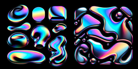 Wide-format holographic art divided with standalone shapes and interconnected designs, featuring smooth contours and a neon color - obrazy, fototapety, plakaty