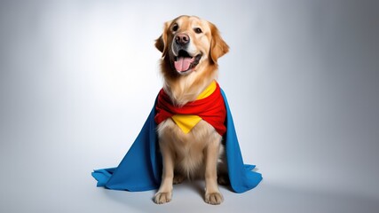 Golden Retriever Dog Dressed As A Superhero. Сoncept Adorable Pets, Creative Costumes, Playful Poses, Funny Superheroes, Golden Retriever Magic