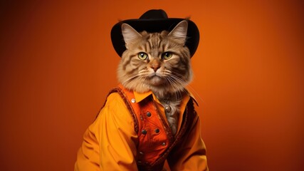 Happy American Bobtail Cat Dressed As A Cowboy On Orange Color Background. Сoncept Pet Photography, Cowboy Cat Costume, Vibrant Background, Playful Portraits