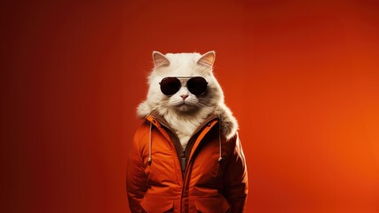White Cat In Sunglasses Wearing Clothes Orange Background. Сoncept Feline Fashionista, Stylish Kitty, Cool Cat Chronicles, Whiskers In Shades, Purrfectly Posed