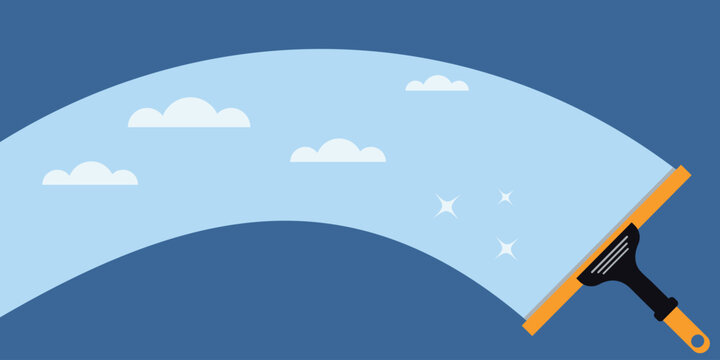 Window cleaning. Glass scraper glides over the glass, making it clean. Window cleaning service concept. Vector illustration in flat style