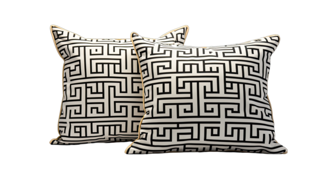 Greek Key Pattern Pillows in Black and Gold Isolated on Transparent or White Background, PNG - Powered by Adobe