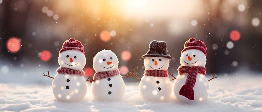 Winterm&auml;rchen: Niedliche Schneem&auml;nner in der Morgend&auml;mmerung