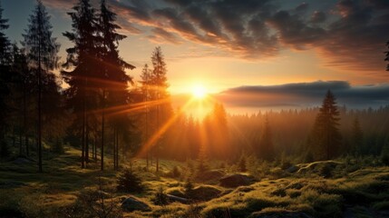 Golden sundown above the forest with lots of sun rays in the dramatic sky