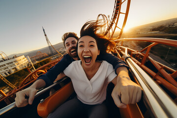 a couple have fun and scare each other on a roller coaster - obrazy, fototapety, plakaty