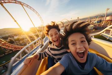 children have fun and scare each other on a roller coaster - obrazy, fototapety, plakaty