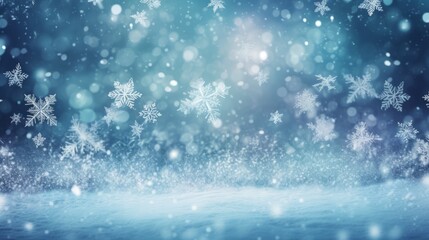 Fototapeta na wymiar Snowflakes Falling, Bokeh Background, White Snow on Blue Background, Christmas Theme, Christmas Background, Copy Space, Christmas Ornaments