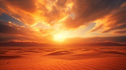 Fototapeta na wymiar Golden sundown in Sahara desert with lots of sun rays in the dramatic sky