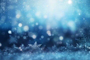 Snowflakes Falling, Bokeh Background, White Snow on Blue Background, Christmas Theme, Christmas Background, Copy Space, Christmas Ornaments