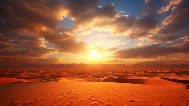 Golden sundown in Sahara desert with lots of sun rays in the dramatic sky © shooreeq