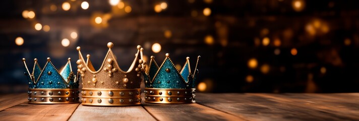 Three golden crowns on blured background. Christmas Three Kings day The Three Wise Men, or Epiphany day holiday celebration night, bokeh wallpaper banner