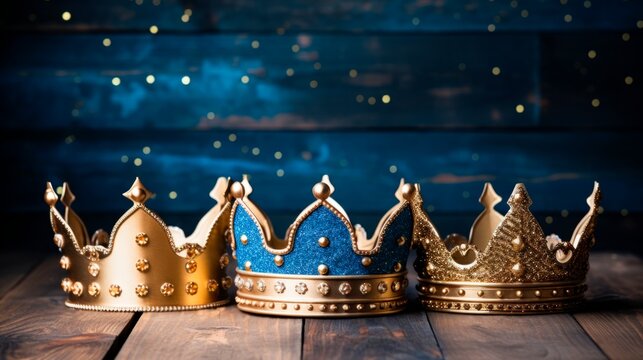 Three golden crowns on blured background. Christmas Three Kings day The Three Wise Men, or Epiphany day holiday celebration night, bokeh wallpaper banner