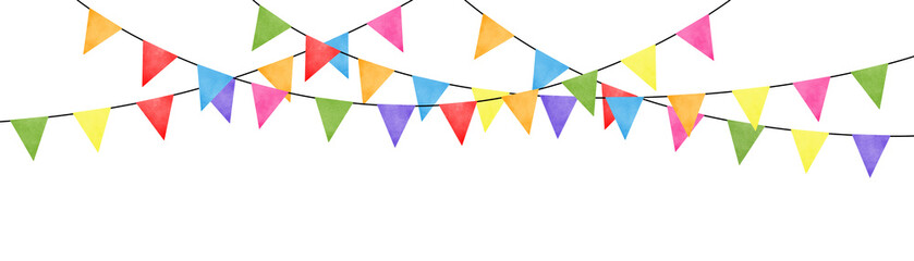 Watercolor carnival garland with flags. Decorative colorful party pennants for birthday celebration, festival and fair decoration. - obrazy, fototapety, plakaty