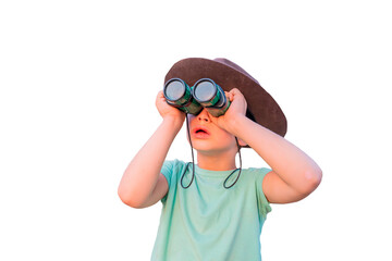 funny little tourist boy with binoculars