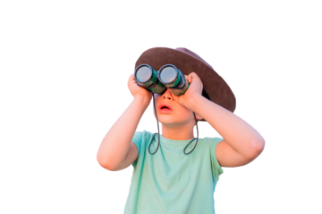 funny little tourist boy with binoculars