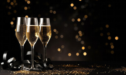 Champagne glasses with gold glitter confetti. Party invite and celebration background - obrazy, fototapety, plakaty