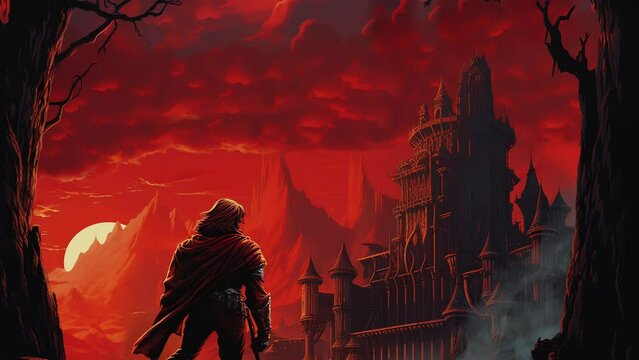 Vampire hunter facing Horror Castle, Surrounded by dead forest and mist