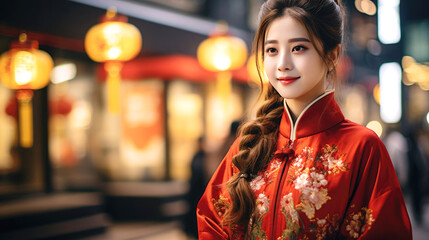 Fototapeta premium Chinese beautiful smiling girl with Chinese traditional clothing, celebrating Chinese new year