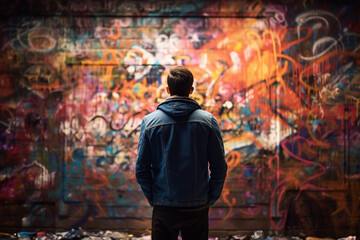 Rear view of man looking at colorful graffiti on wall, soft light photography