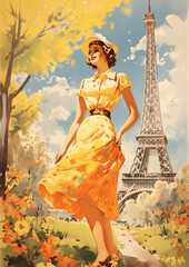 Vintage french postcard, spring in France, retro french postcard 1920's, french fashion women, french nature landscape 