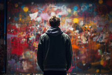 Rear view of man looking at colorful graffiti on wall, soft light photography