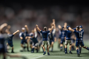 Miniature toy figures of jubilant soccer players in blue uniforms with their hands raised on football field congratulate each other on the end of match