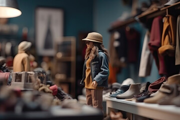 Miniature toy figurine of young woman customer in denim suit looking at shoes in modern store