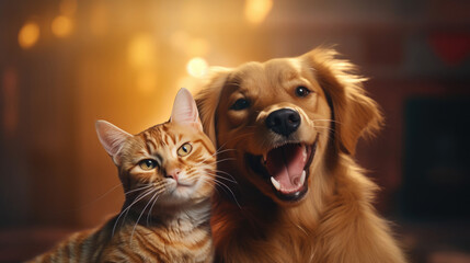 A scene filled with laughter and merriment as a cat and dog embrace fashion