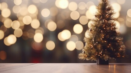 Blank table with Christmas Tree and festive lights background for product placement