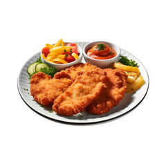 Fototapeta premium WienerSchnitzel served on a plate with lemon and French fries