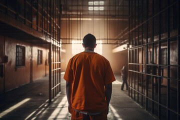 rear view of prisoner in orange uniform standing in prison cell , soft light photography